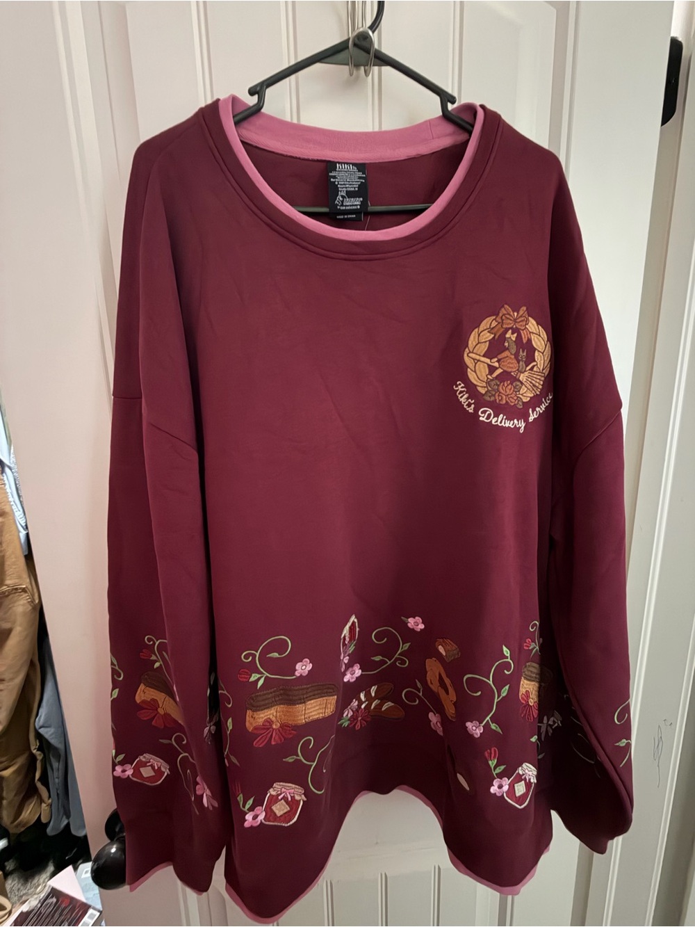 BoxLunch Kiki’s delivery service Maroon Graphic Sweatshirt with Pink Trim